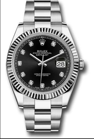 Replica Rolex Steel and White Gold Rolesor Datejust 41 Watch 126334 Fluted Bezel Black Diamond Dial Oyster Bracelet